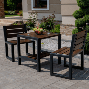 Komplet nowoczesnych mebli ogrodowych – stół kwadratowy + dwa krzesła z oparciem - meble Grillbox