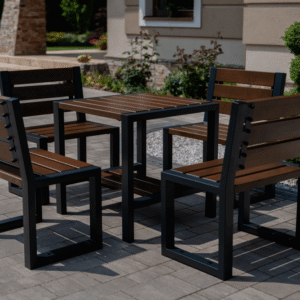 Komplet nowoczesnych mebli ogrodowych – stół kwadratowy + cztery krzesła z oparciem - meble Grillbox