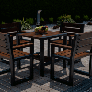 Komplet nowoczesnych mebli ogrodowych – stół kwadratowy + cztery krzesła z oparciem i z podłokietnikami - meble Grillbox