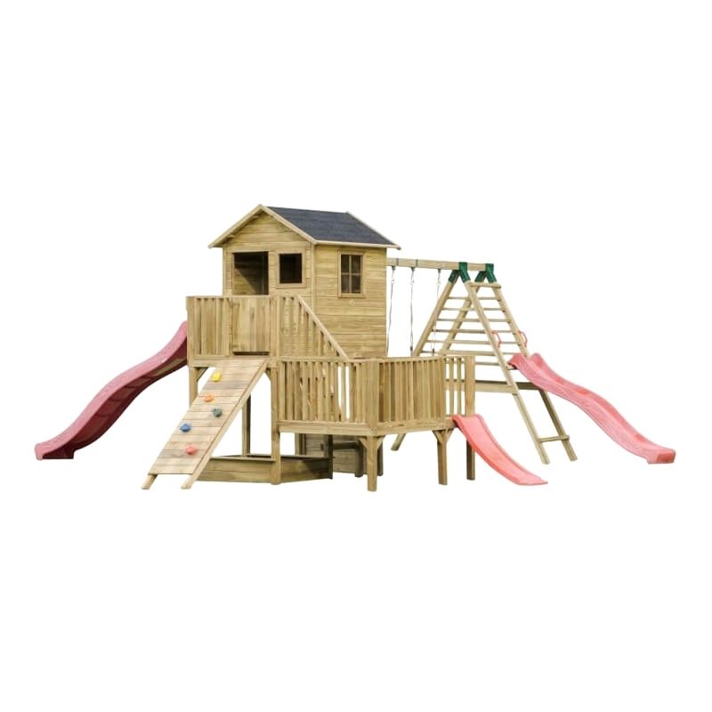 Drewniany domek Hubert z dwoma ślizgami podwójną huśtawką z platformą i ślizgiem oraz ścianką wspinaczkową