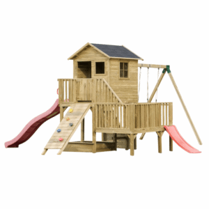 Drewniany domek Hubert z dwoma ślizgami, podwójną huśtawką oraz ścianką wspinaczkową | Domki ogrodowe dla dzieci | One Product