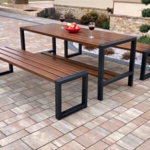 Komplet nowoczesnych mebli ogrodowych - stół + dwie ławki bez oparcia