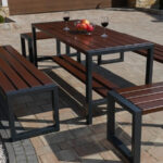 Komplet nowoczesnych mebli ogrodowych – stół + dwie ławki bez oparcia + dwa krzesła bez oparcia