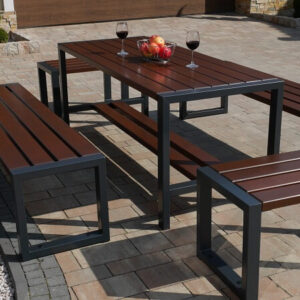 Komplet nowoczesnych mebli ogrodowych - stół + dwie ławki bez oparcia + dwa krzesła bez oparcia