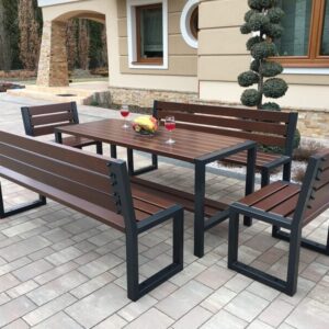 Komplet nowoczesnych mebli ogrodowych - stół + dwie ławki z oparciem + dwa krzesła z oparciem