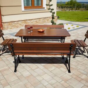 Meble ogrodowe Królewskie - stół + 2 ławki bez podłokietników + 2 krzesła bez podłokietników