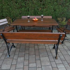 Meble ogrodowe Królewskie - stół + 2 ławki z podłokietnikami + 2 krzesła z podłokietnikami